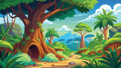 Large hollow tree in a lush green jungle with palm trees and a winding path under a sunny sky Vector © CreativeKamrul