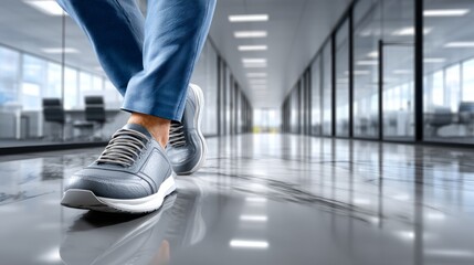 Obraz premium Professional walking in modern office space with stylish footwear and polished floor