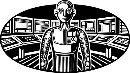 Naklejka premium Robot in control room with multiple computer screens computer technology futuristic character mechanical automaton androids synthetics impostors simulants artificial construction creation