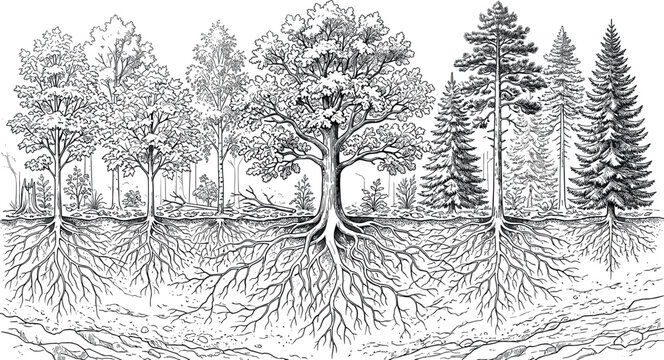 Detailed Vintage Forest Ecosystem Vector Landscape with Trees Showing Intricate Root Systems Underground for Environmental Biology and Educational Graphic Designs