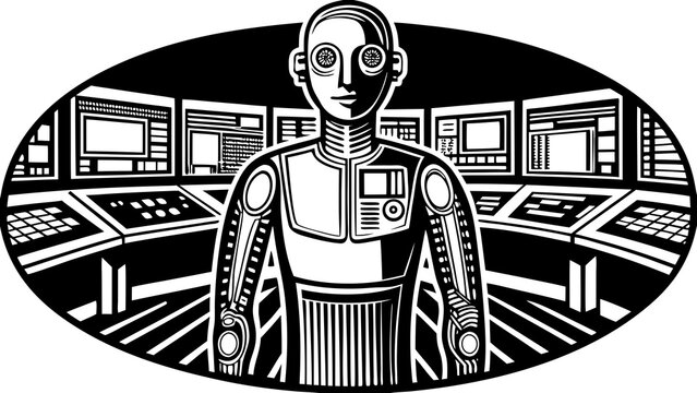 Robot in control room with multiple computer screens computer technology futuristic character mechanical automaton androids synthetics impostors simulants artificial construction creation