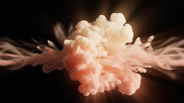 Abstract dynamic cloud explosion in slow motion with light rays on dark background for creative visuals