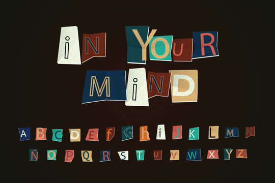 Mega set of cut out magazine alphabet collage font with colorful letters, letters and numbers in retro Y2K style, paper scrapbook typography set. Cartoon blackmail ransom kidnapper anonymous Font.