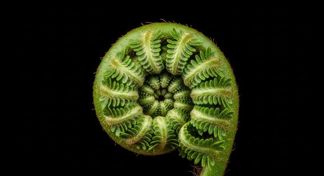 Macro view of a vibrant green fern fiddlehead spiraling elegantly against a solid black backdrop, showcasing intricate botanical patterns, vibrant, background, detail