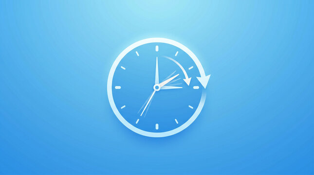 Minimalist daylight saving time concept with clock and arrow on blue background showing time change