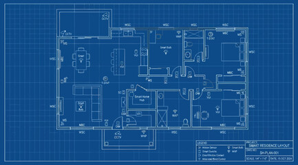 Obraz premium Architectural blueprint of a modern residential floor plan with living room, kitchen, and bedrooms