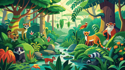Cute wild animals in a lush green tropical jungle forest with a flowing river and plants Vector © CreativeKamrul