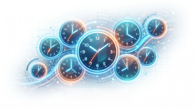 Multiple abstract clock dials with glowing neon light effects representing time management concepts