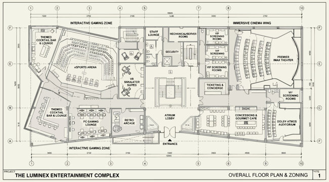 Floor plan and zoning layout for the luminex entertainment complex with theater and lounge areas