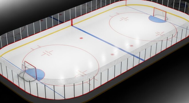 A clean isometric view of a professional ice hockey rink featuring red and blue line markings, two nets, and a smooth white frozen surface, leisure, match, skating