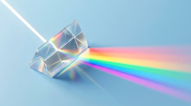 Triangular glass prism dispersing white light into rainbow spectrum