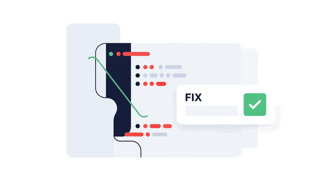 Software development and bug fixing concept vector illustration showing AI integration and code optimization with a successful fix notification