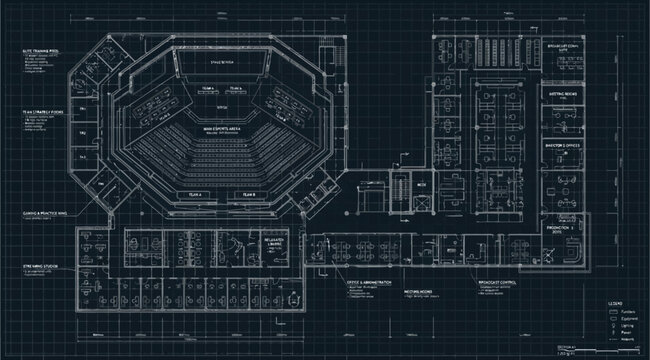 Architectural blueprint of a convention center floor plan with a large auditorium and office spaces