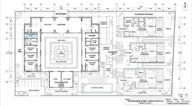 Detailed architectural floor plan for a wellness resort or spa facility with multiple treatment rooms