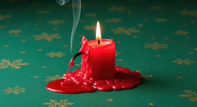 A lit red Christmas candle burns dangerously low with smoke and melted wax dripping onto a festive tablecloth, illustrating holiday fire hazards, emergency, heat, festive