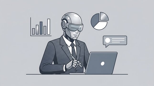 AI robot businessman working on laptop with data charts and graphs for corporate automation concept