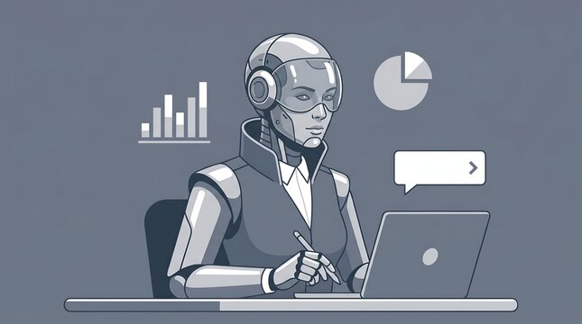 Female robot office worker analyzing financial data on laptop with charts