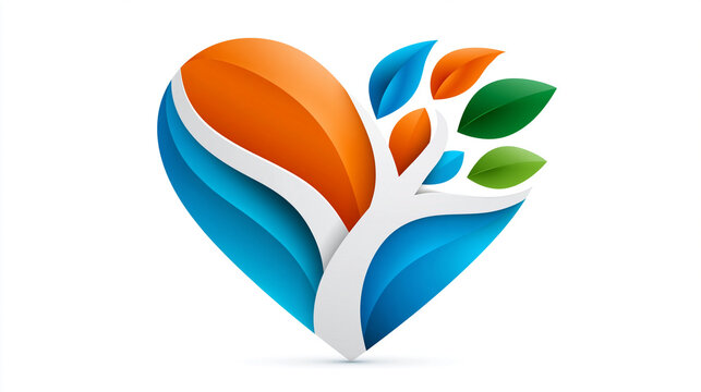 Ein stilisiertes Herz mit einem Baum in Orange und Blau dient als farbenfrohes Logo auf wei&szlig;em Hintergrund.