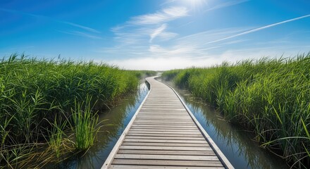 Obraz premium A serene wooden boardwalk winds through a lush green marshland under a bright blue sky, surrounded by tall reeds and gentle morning mist, perspective, destination, blue