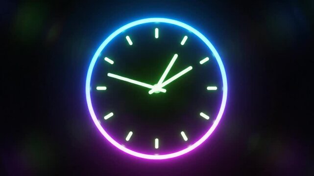 Neon clock face with hands ticking around on a black background, colorful digital time indicator