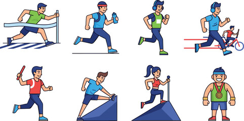 Fototapeta premium Athletic Track and Field Icon Set with Hurdle, Sprint, Relay, Obstacle Climbing, and Marathon Runner for Sports and Fitness Designs