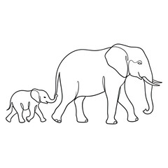 Fototapeta premium Continuous line drawing of elephant and calf walking together