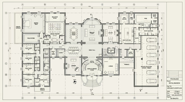 Architectural floor plan of a luxury residential house with multiple rooms and garage