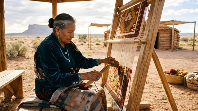 Elderly Native American Weaver.An elderly Native American woman in traditional clothing weaves a beautiful geometric rug on a wooden loom outdoors in a Southwestern desert landscape