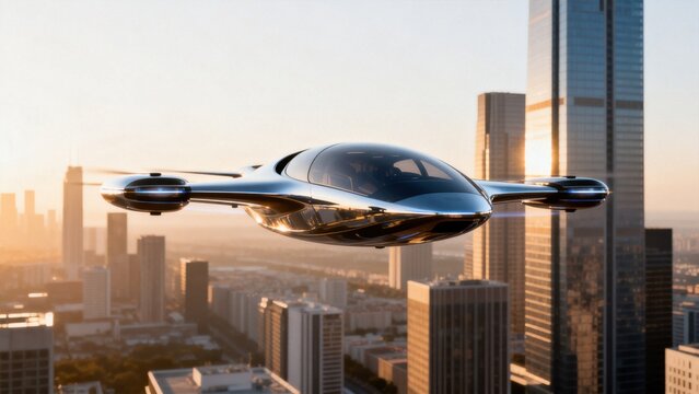 Futuristic flying vehicle over city