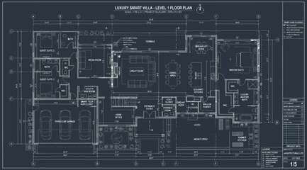 Obraz premium Architectural floor plan of a luxury smart villa, detailed blueprint showing layout of rooms, garage, and living spaces