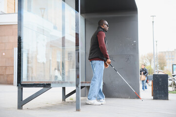 Fototapeta premium African american man waiting at bus stop with cane