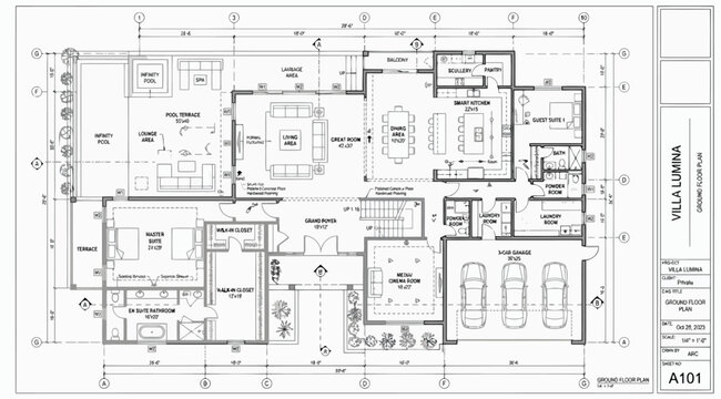 Villa lumina architectural floor plan, detailed residential house design blueprint with room dimensions and layout