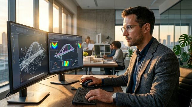 Civil engineer designing bridge model in 3d cad software on dual monitors