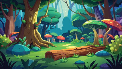 Colorful enchanted forest scene with giant mushrooms and old tree trunks in a magical woodland Vector © CreativeKamrul