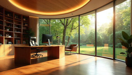 Obraz premium Modern office with curved window wall overlooks green garden and trees. Sunlight streams into room with desk computer and bookshelves. Elegant workspace with natural light and wood elements.
