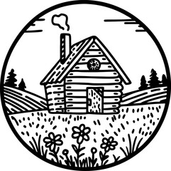 Fototapeta premium Cozy log cabin in a wildflower meadow with rolling hills and pine trees landscape drawing