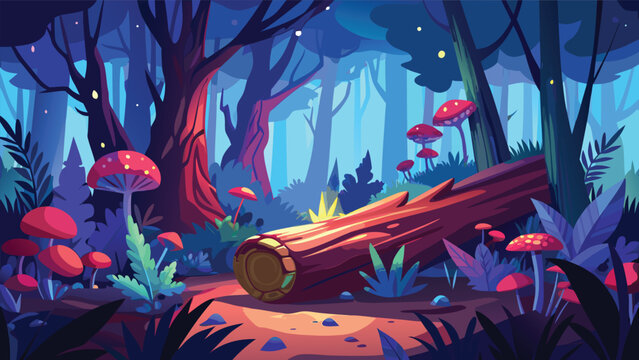 Magical forest scene at night with glowing mushrooms and a fallen wooden log in the deep woods Vector