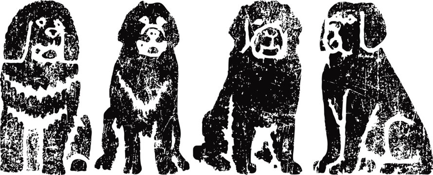 Four sitting tibetan mastiff dogs silhouette illustration with textured vintage effect
