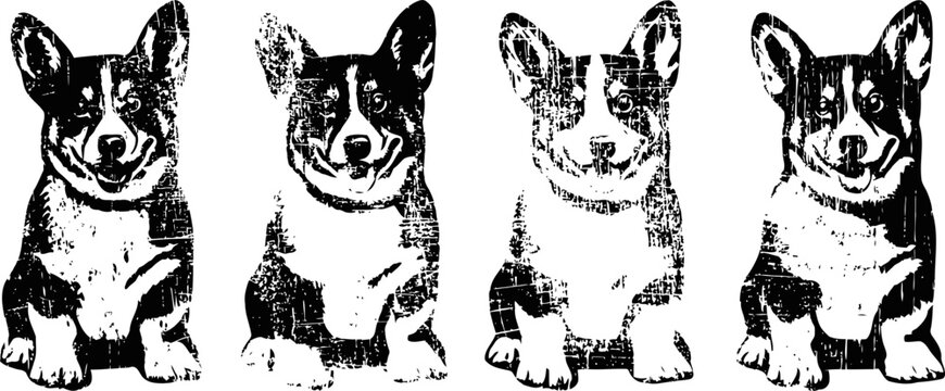 four black and white corgi puppies sitting side by side cute small dogs with pointy ears and short legs, isolated illustration