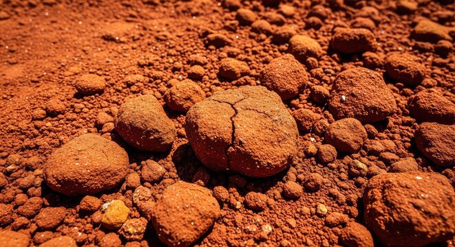 Detailed red earth texture with natural clods and dry dust, providing a realistic soil background for organic and professional design themes, geology, fertile, granules