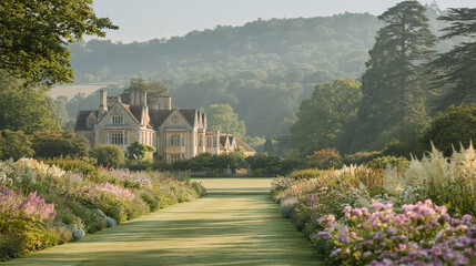 Naklejka premium Historic English country house and manicured garden with long herbaceous borders at sunrise, serene landscape