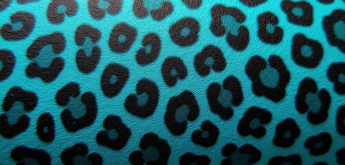Obraz premium Close view of bright cyan fabric with black leopard print spots. Textured material has a raised pattern creating depth. Perfect for fashion design or digital art background.