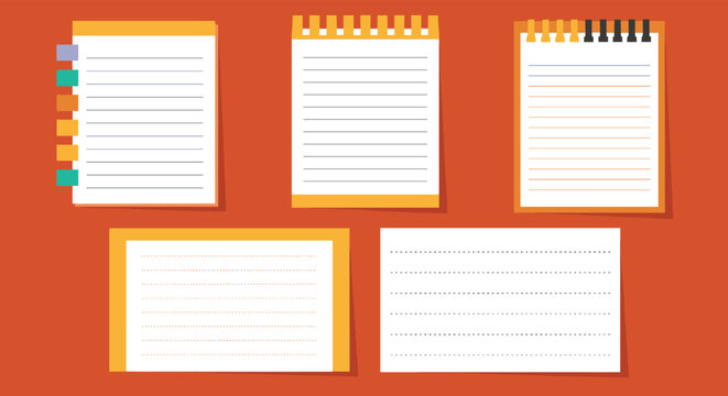 Collection of paper notepad sheets and notebooks in various styles with lines and tabs arranged on a solid warm orange background.