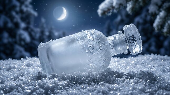 Frost Covered Glass Bottle Resting on Snow in Moonlit Winter Forest