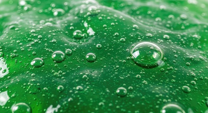 Macro view of radioactive green slime with various sizes of air bubbles trapped in a thick, translucent, and sticky gel-like substance, surface, bubble, vibrant