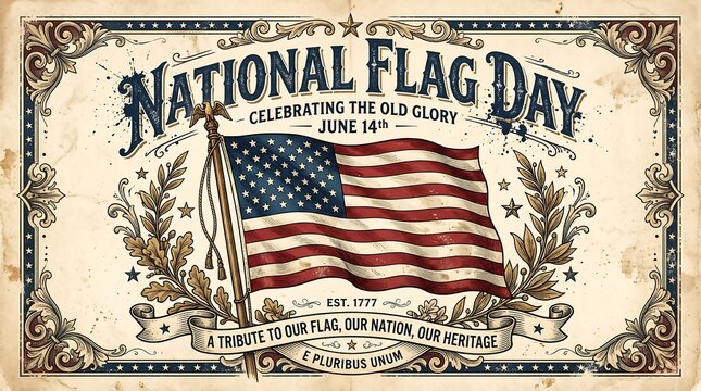 Vintage National Flag Day poster, antique American flag illustration with ornate border, patriotic June 14th celebration greeting card on aged paper