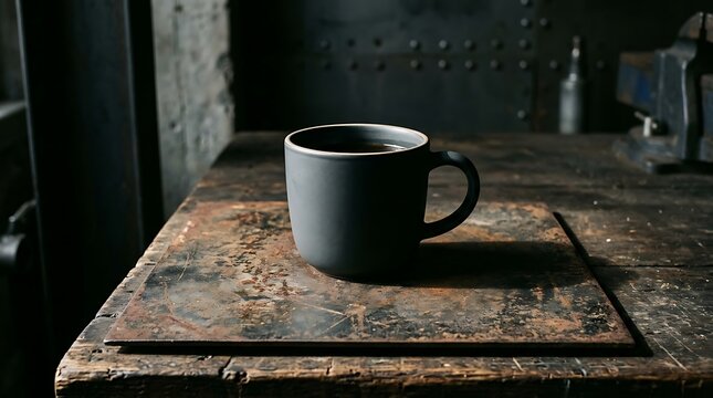 Dark Ceramic Coffee Cup Resting on Worn Wooden Workbench in Moody Workshop