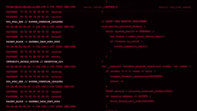 System Stack Error Terminal Log Displaying Buffer Overflow Isolated Warnings and Async Core Monitor Deployment Script Running On Red HUD Screen.