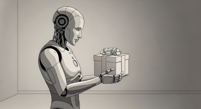 Robot holding a gift box in a minimalist room