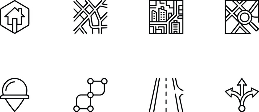  Minimalist Monochrome Icon Set Showing Urban Infrastructure and Transportation Symbols flat design icons minimalist graphics modern symbol set urban planning visuals infographic elements